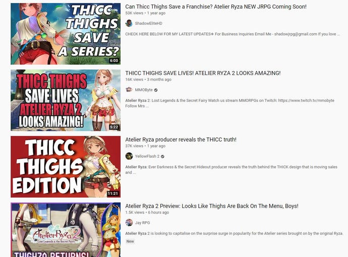 A screenshot of YouTube showing a bunch of videos thumbnails and descriptions, all about Atelier Ryza 2, all mentioning thighs and the majority describing them as being of the thicc variety