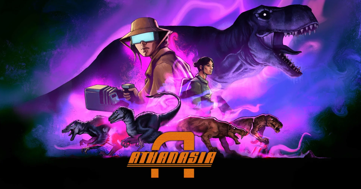Some art for horror FPS Athanasia, showing human characters posing with dinosaurs against a spooky purple background.