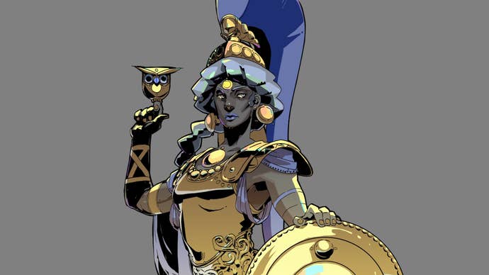 Close up artwork of Athena from Hades