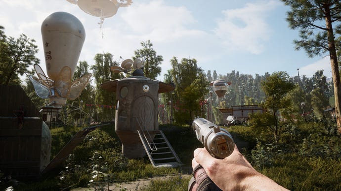 A screenshot from Atomic Heart which shows the player exploring the open world, holding a pistol up to a steely silo among the trees.
