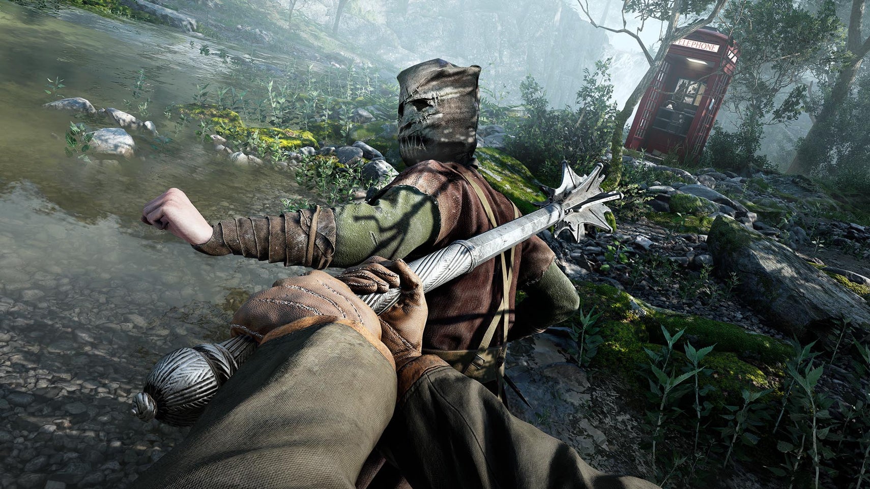 The player battling a masked attacker near a phone box in Atomfall. - 1