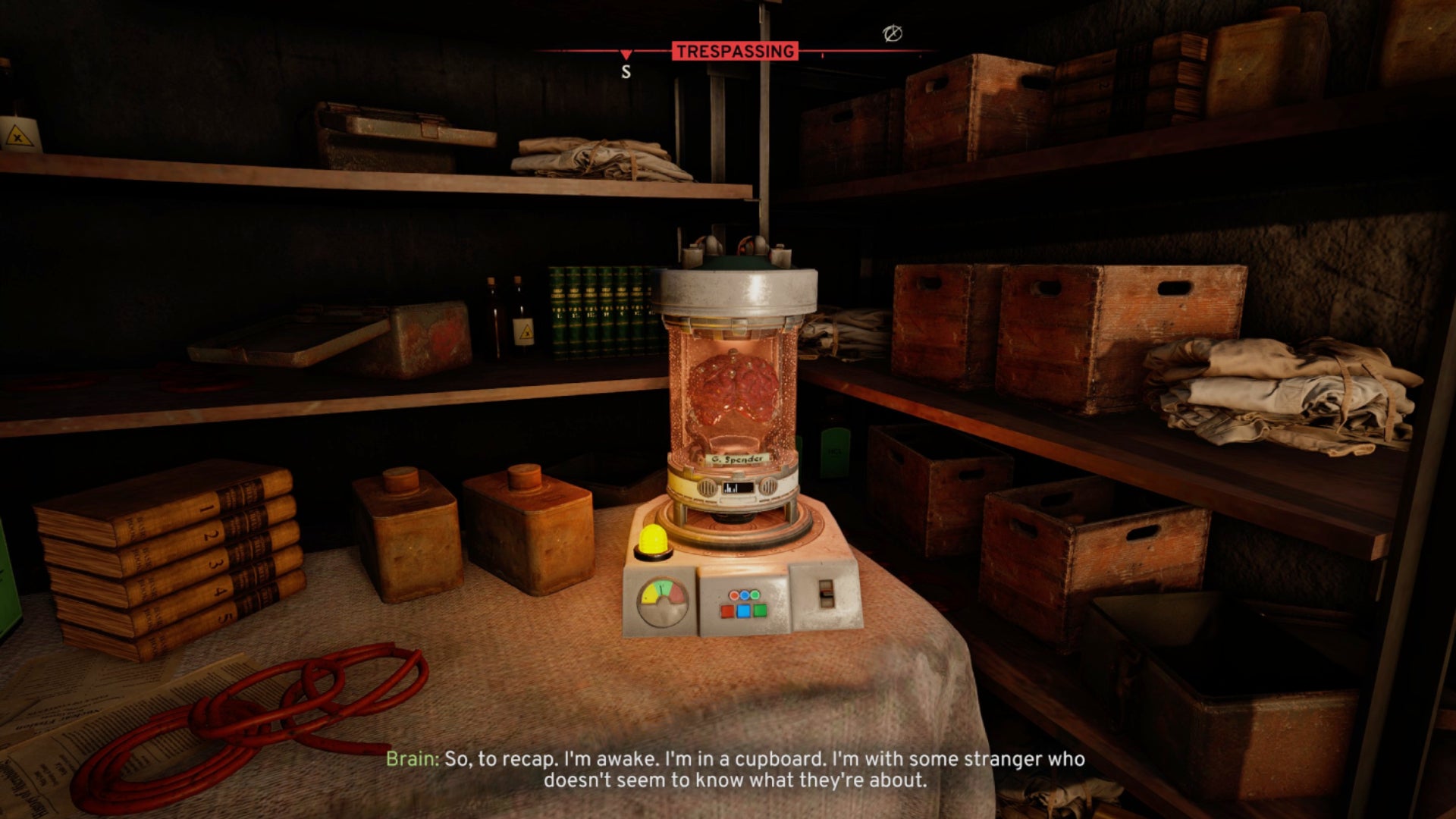 A brain in a jar catting to the player in Atomfall.