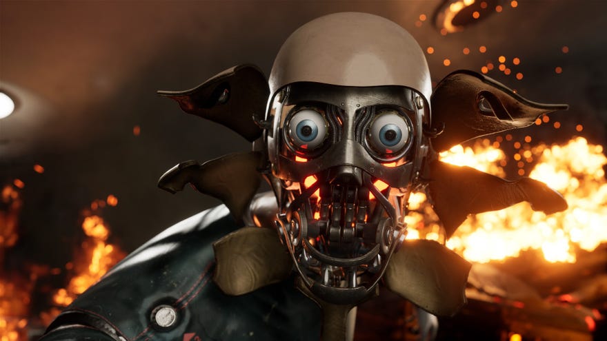 A screenshot from Atomic Heart which shows a close-up of an android’s face that’s peeled apart to reveal its horrible innards.