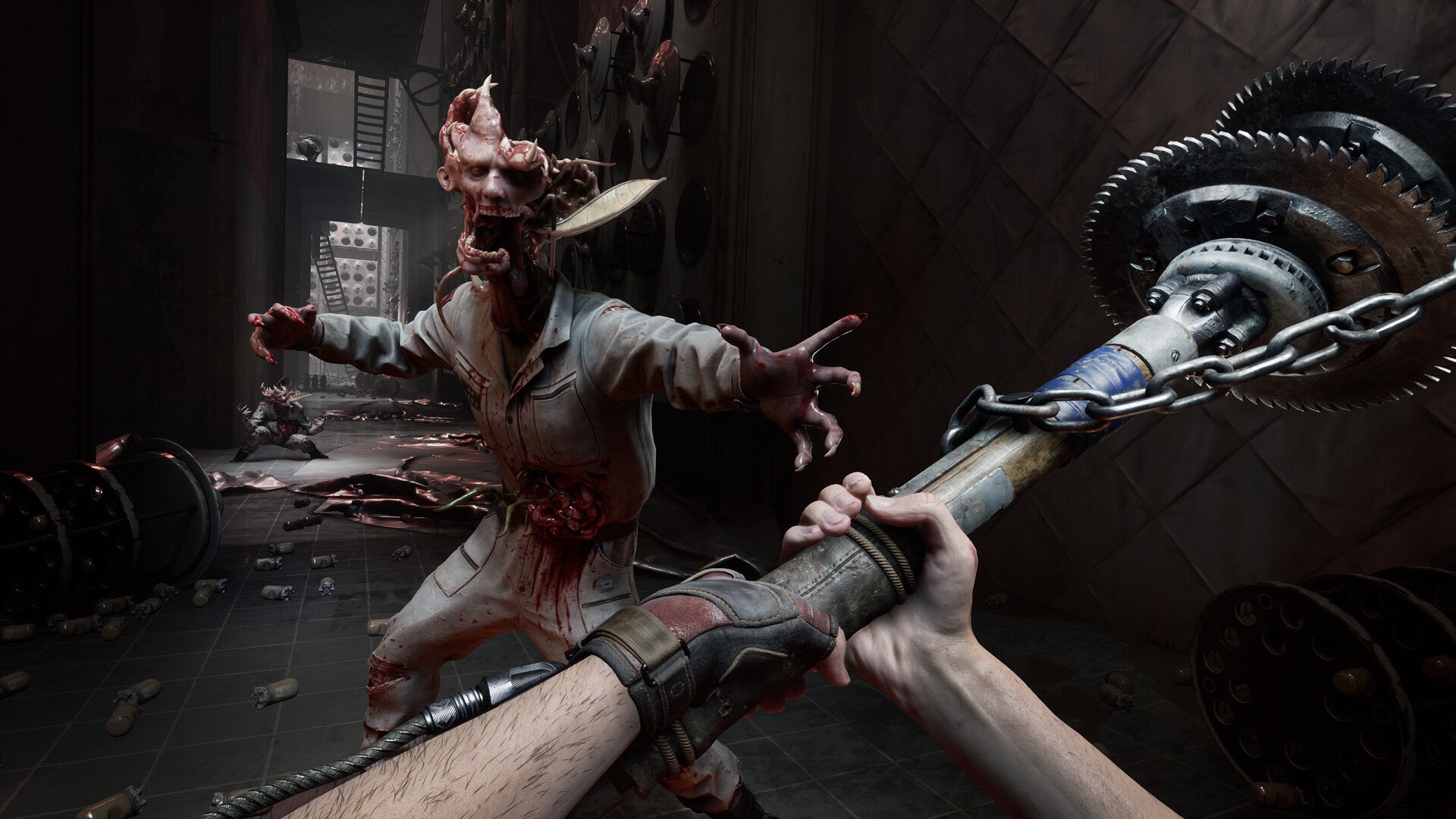 Atomic Heart&rsquo;s protagonist swinging a spiked bat at an enemy.