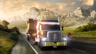 Promotional art for American Truck Simulator's Nebraska expansion showing a truck against a striking backdrop of mountains.
