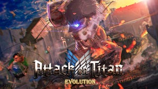 Artwork for Attack on Titan Evolution showing a Robloxified anime character fighting a huge enemy.