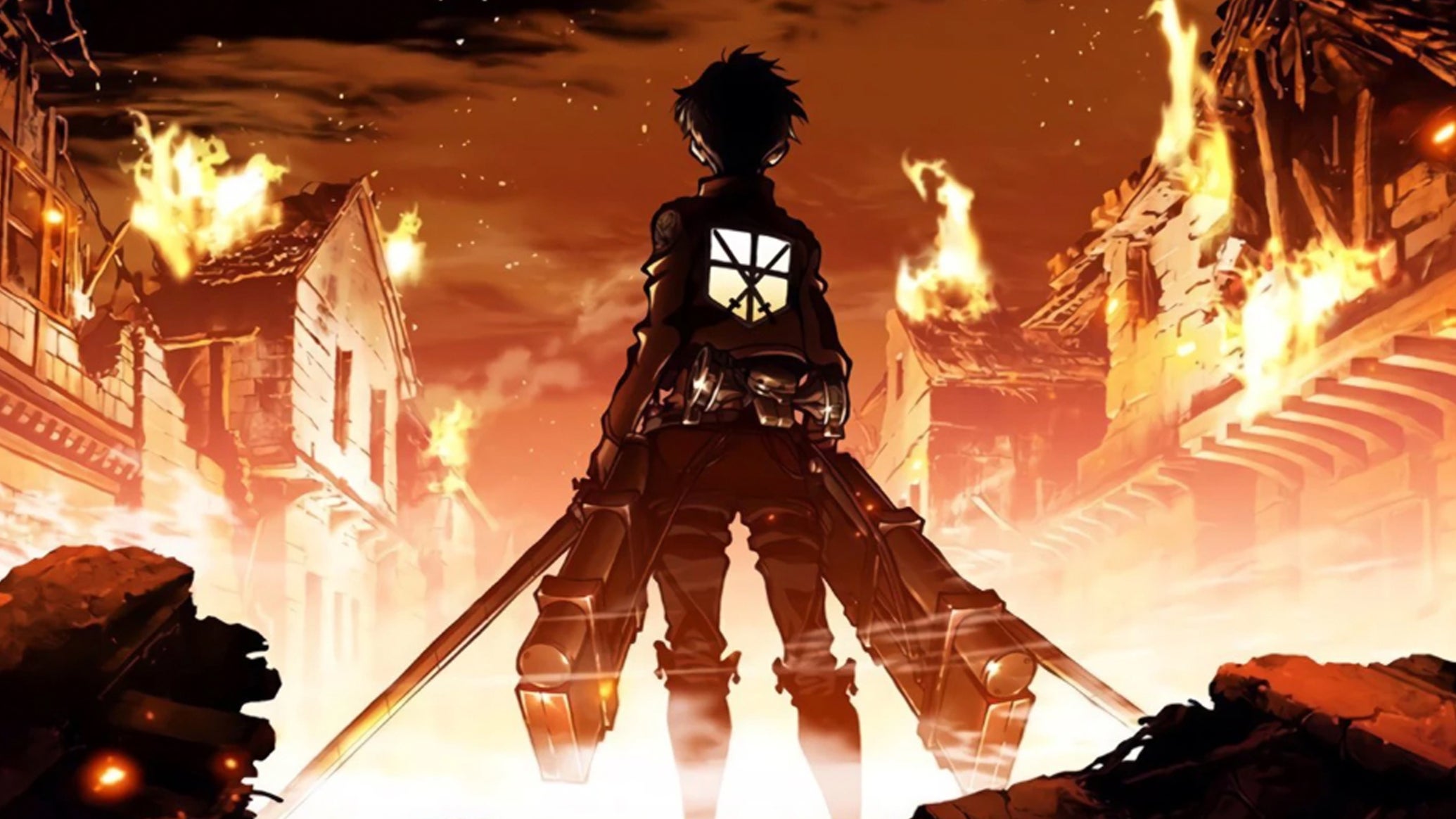 Artwork for the Attack on Titan anime, showing the main AoT character standing near rows of buildings on fire. - 1