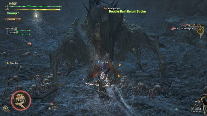 A hunter attacks a Nerscylla’s legs in Monster Hunter Wilds.