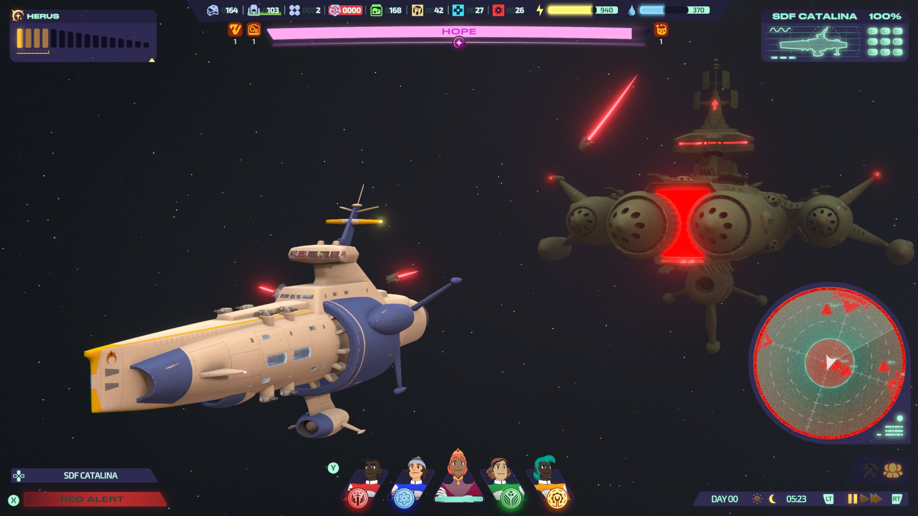 The SDF Catalina is being pursued by the Zutopan battleship in Jumplight Odyssey