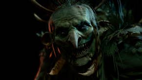A close-up of the frightening hag Auntie Ethel in Baldur's Gate 3. Her oversized head has a very pointy nose and sharp teeth. She has green leathery skin. She's rather monstrous.
