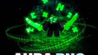 Artwork for the Roblox game Aura RNG, showing a Roblox character surrounded by floating, pixelated icons that are fluorescent green.