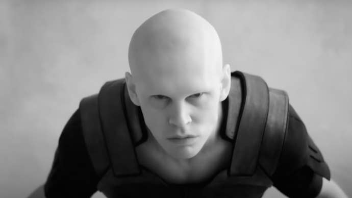 Austin Butler in Dune 2, he is looking up angrily at something and is incredibly bald.