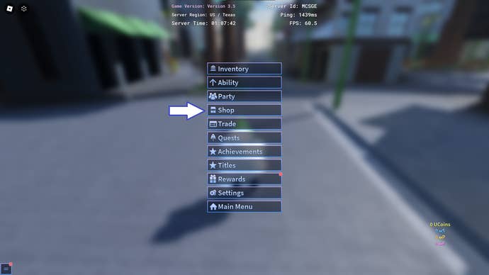 A screenshot from A Universal Time in Roblox showing the game's shop button.