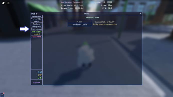 A screenshot from A Universal Time in Roblox showing the game's codes page.