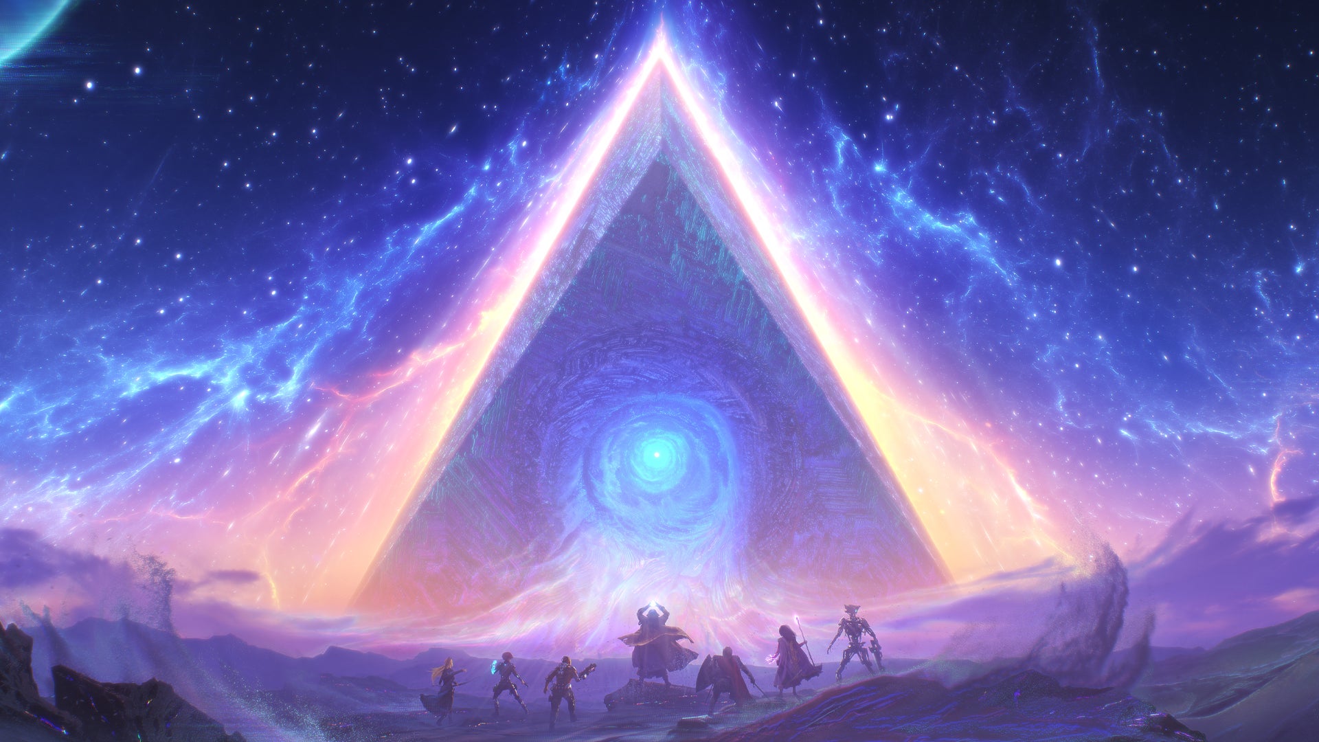 A party of characters face a big glowing gate in artwork for MMO Avalon