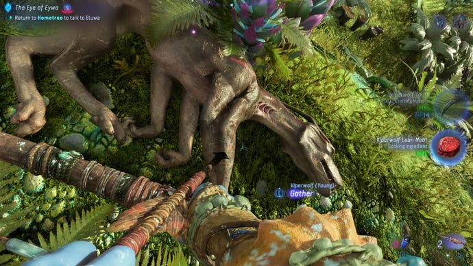 Standing over a harvestable Viperwolf after a successful hunt in Avatar: Frontiers Of Pandora.