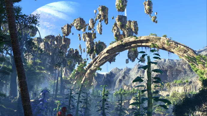 avatar frontiers of pandora landscape shot of stone archway above pine forest