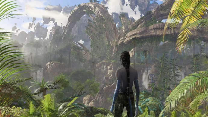 avatar frontiers of pandora na'vi in human clothes looking out at jungle