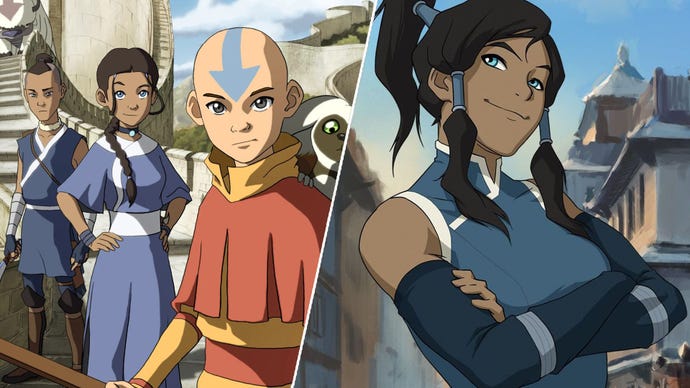  The Last Airbender. On the right, Korra from The Legend of Korra is stood with her arms folded on a city street, smiling.