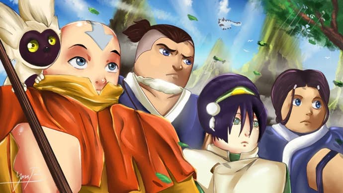 Artwork for the Roblox game Avatar: Rogue Benders showing Robloxified characters inspired by the Avatar: The Last Airbender series.