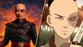 On the left, Zuko from Netflix's Avatar, he is stood looking into the camera, an orange sky behind him. On the right, Zuko from the original Avatar: The Last Airbender, he is looking at a knife with an engraving on it.