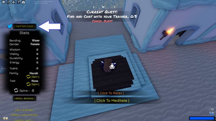 A screenshot from Avatar: Rogue Benders in Roblox showing the game's meditation menu, and a textbox used to redeem codes.