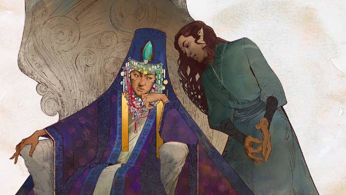 In this artwork from Avowed, a queen with flowers growing from her face is dressed in intricate purple, jeweled robes. She listens carefully to the words of a green-clad elf advisor next to her.