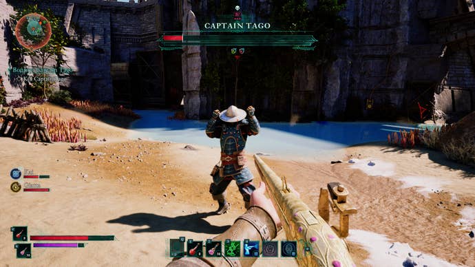 Battling bounty target Captain Tago with an arquebus in Avowed.