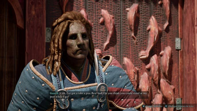 An Avowed screenshot showing a guard who’s begging for me to cover their shift while they take a piss.