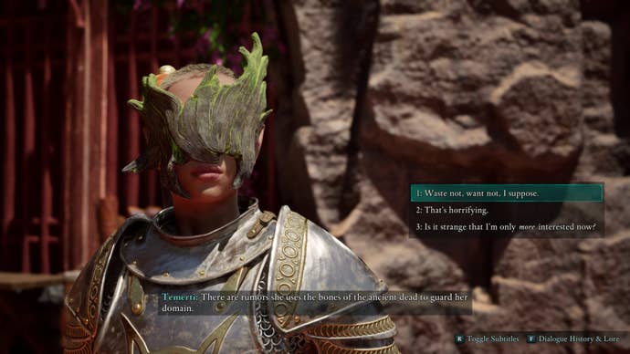 Bertie’s wood-covered character in Avowed who’s reacting to news that an archmage surrounds themselves in a palace of bones.