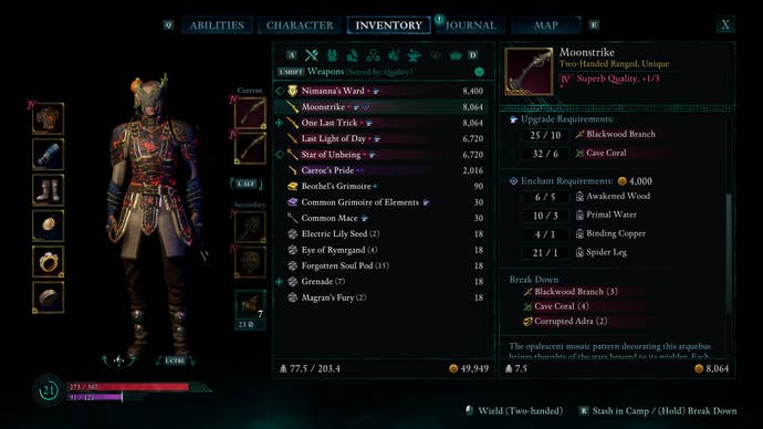 An Avowed screenshot showing the game’s inventory and equipment screen. Bertie’s character here is stacked with good loot - this is taken towards the end of the game - and items named in appealing ways such as a gone called One Last Trick.