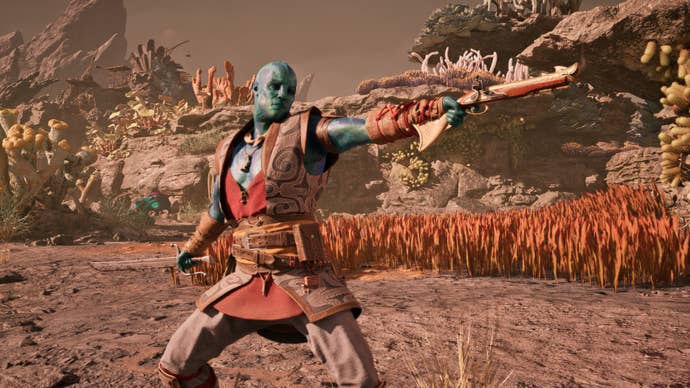 Kai wielding a pistol and sword successful Avowed.