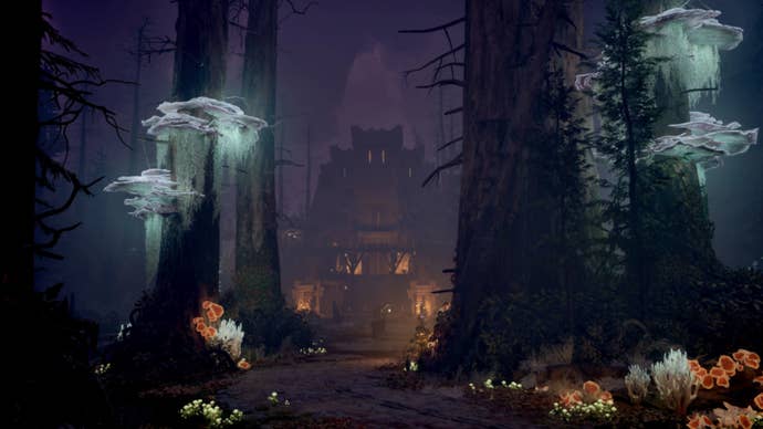 avowed promo art dark forest glowing fungi on trees