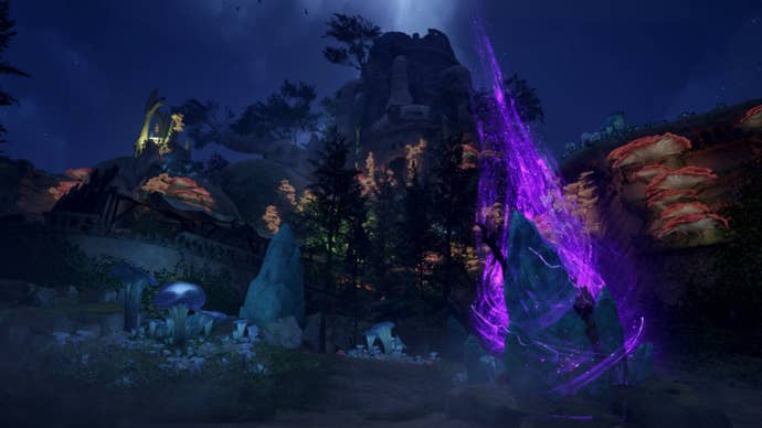 avowed promo art glowing purple spooky crystal