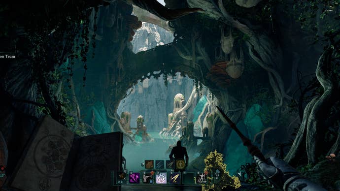 Some ancient ruins across a lagoon in a cave in Avowed.