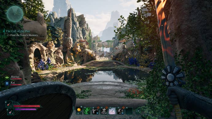 An Avowed screenshot. We see through a character’s eyes a grotto of sorts before us. Weird, warped architecture is overgrown with life, and the open skies around it tease a dramatically pointed and rocky horizon. Our character holds a flaming sword and shield.