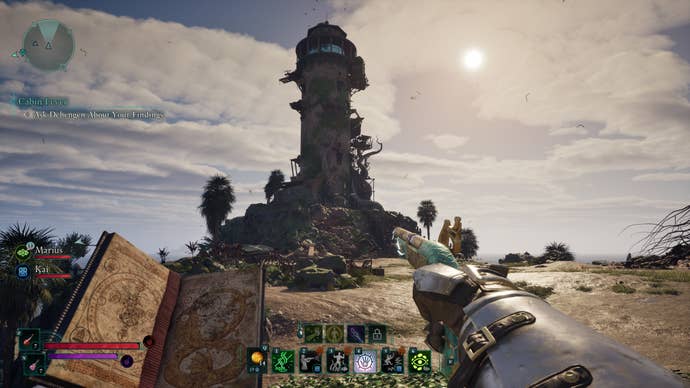 An Avowed screenshot showing our character’s first-person viewpoint of a lighthouse nearby. It’s wrapped in plant growth and bathed in the glow of an evening sun. A spell book is open in the character’s hands and a pistol is in the other. It screams adventure.