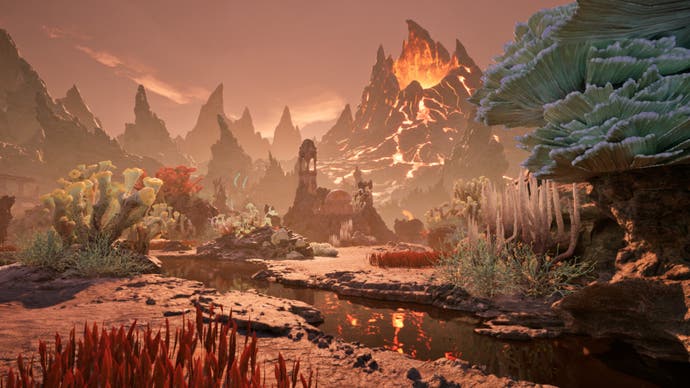 Advanced promotional art landscape with trees and a coral -shaped volcano