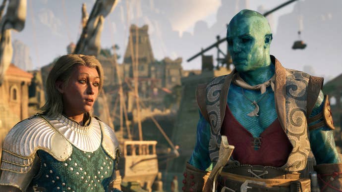 Two characters in Avowed talk to each other. There’s a blue skinned and scaly looking fellow, and an armoured woman. Behind them, a sunny dockside can be seen.