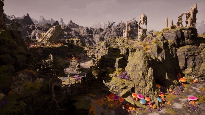 A wide shot of a canyon environment in Avowed, with giant multicoloured mushrooms growing throughout it.