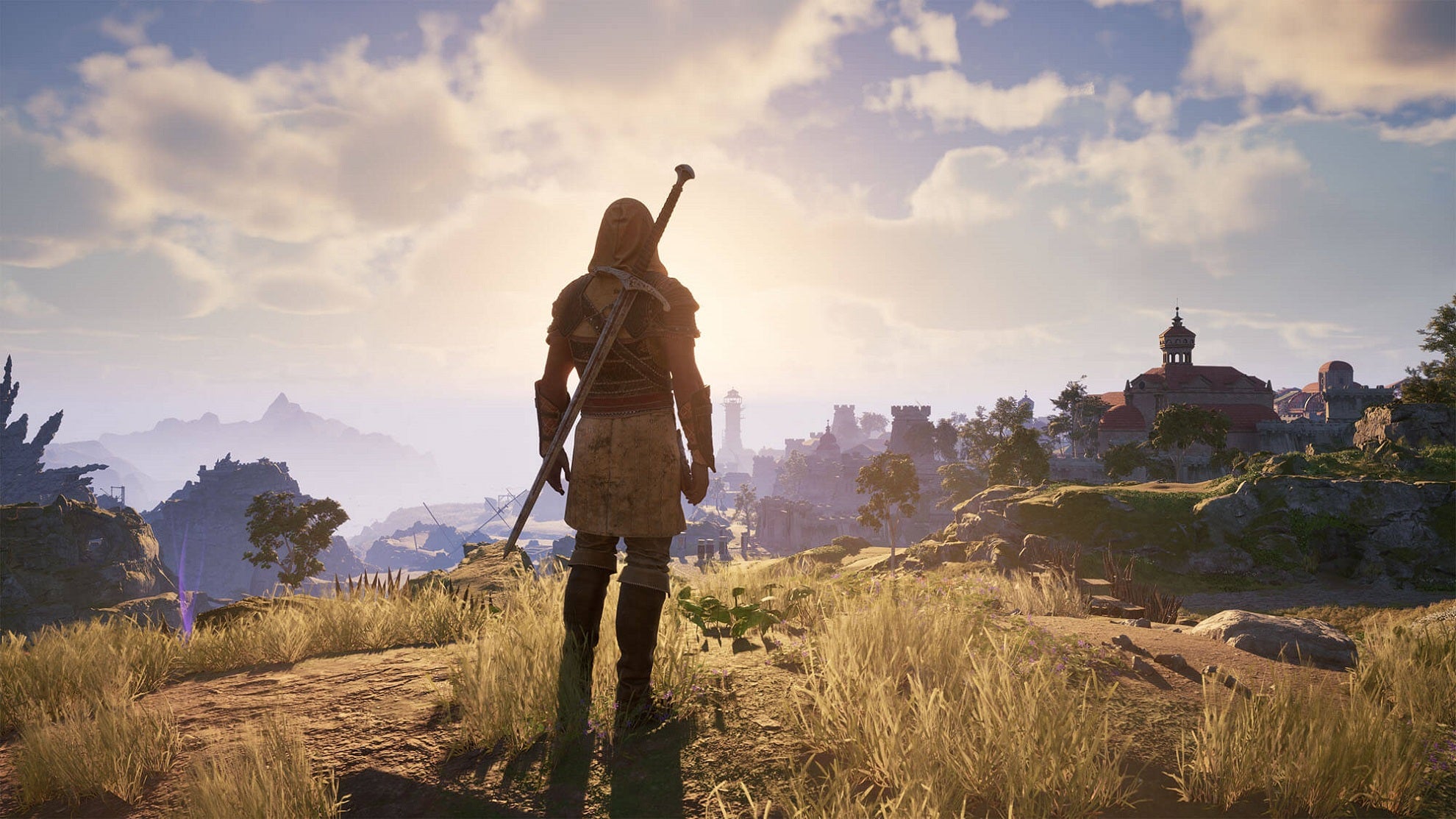 Avowed screenshot showing the back of a character, stood on top of a hill, gazing off at the horizon. They carry a large sword and wear some medium armour. Are they lost?