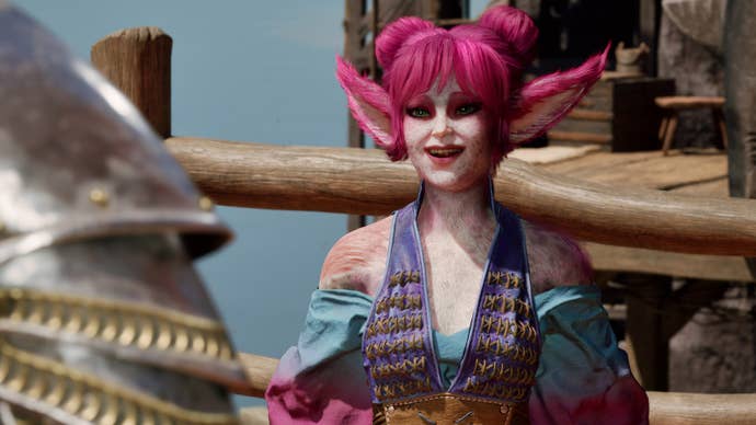 The brightly coloured Orlan companion character Yatzli in Avowed. She’s bursting with cheeky humour and has bright pink hair. She is this game personified.