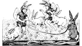 Two fairies dressed as rabbits play jump rope wit actual rabbits up in a illustration from 'Joints fo' Little People'.