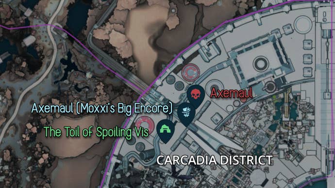 Map showing the location of Boss Axemaul in Borderlands 4, in relation to the hardships of pampering VIS.