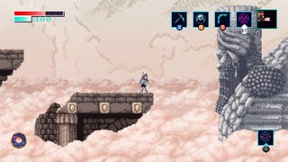 A woman stands before a statute of The Lamassu in a sea of clouds in Axiom Verge 2