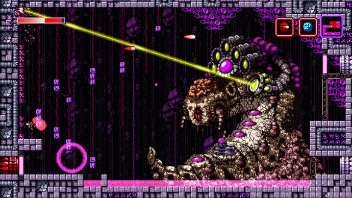 A small man dodges laser fire from a giant insect boss in Axiom Verge