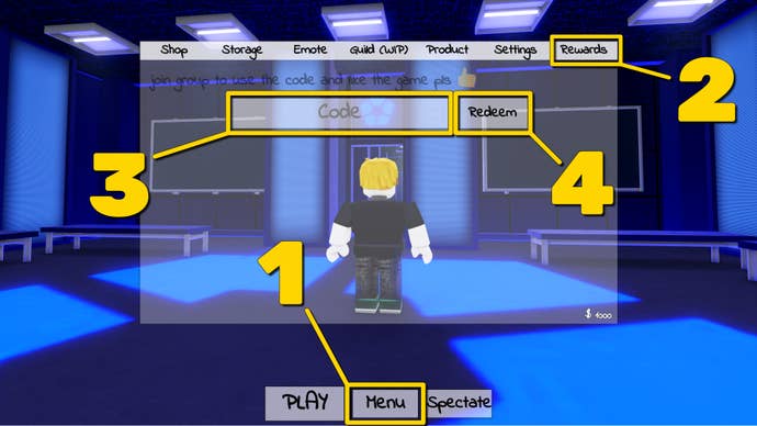 The code redemption screen in the Roblox game Azure Latch, with numbered yellow rectangles highlighting the various steps and buttons needed to redeem a code in-game.