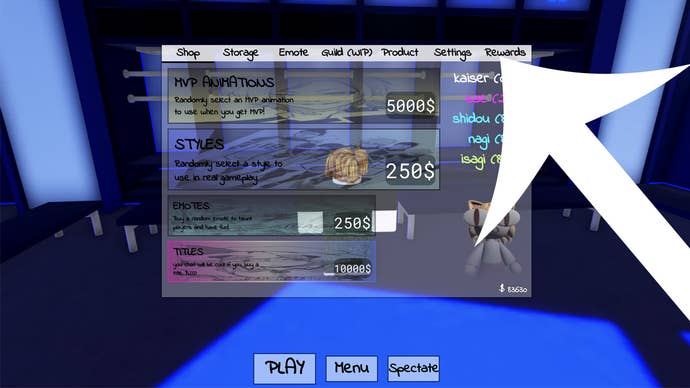 Arrow pointing at the button for the rewards section of the main menu in the Roblox game Azure Latch.