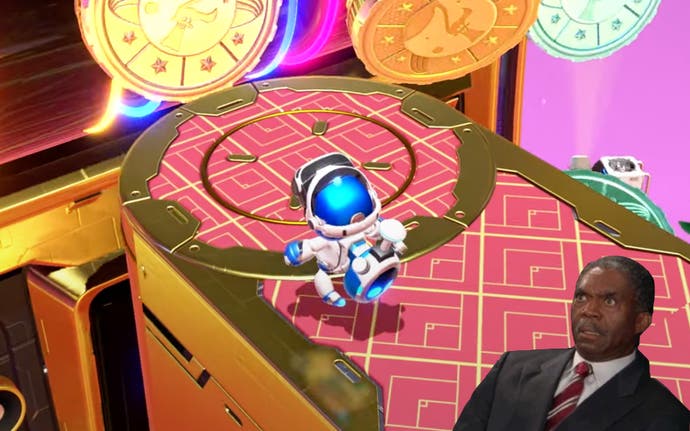 Cropped screenshot of the PlayStation State of Play trailer showing Astro Bot wearing a PSVR 1 headset in a casino level - with the man from the "that's a p****!" meme in the bottom corner.