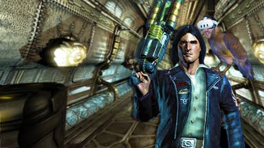 The main character from Prey, Tommy is standing in an alien corridor. His spirit guide, Talon, an eagle is perched on his shoulder. Ian's head wearing a Quest 3 headset has been photoshopped onto the bird.